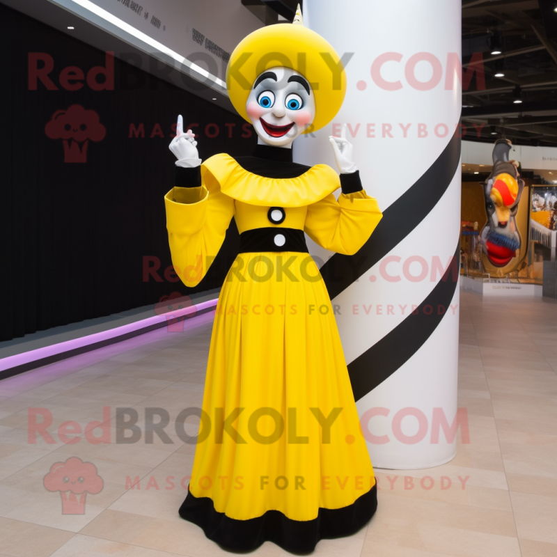 Yellow Mime mascot costume character dressed with a Evening Gown and Rings Yellow Mime mascot costume character dressed with a Evening Gown and Rings
