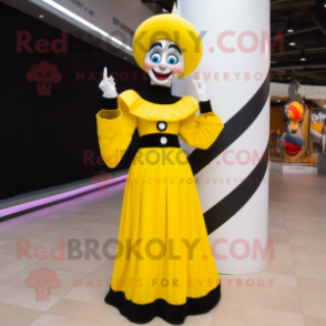 Yellow Mime mascot costume character dressed with a Evening Gown and Rings