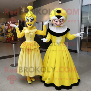 Yellow Mime mascot costume character dressed with a Evening Gown and Rings