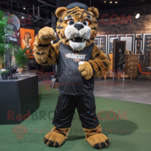 Black Saber-Toothed Tiger mascot costume character dressed with a Button-Up Shirt and Cummerbunds