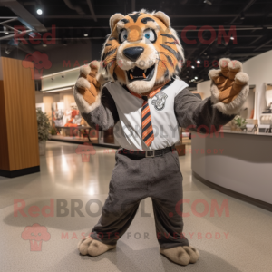 Black Saber-Toothed Tiger mascot costume character dressed with a Button-Up Shirt and Cummerbunds