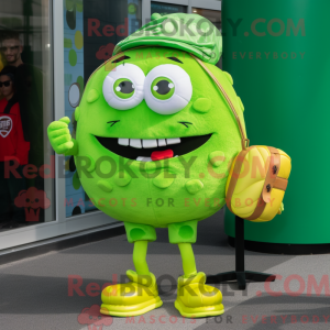 Maskotfigur af en limegrøn...