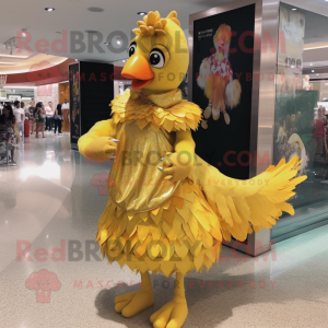 Gold Chicken mascot costume character dressed with a Dress and Anklets