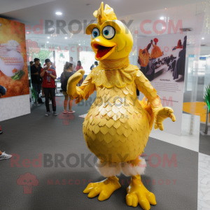 Gold Chicken mascot costume character dressed with a Dress and Anklets