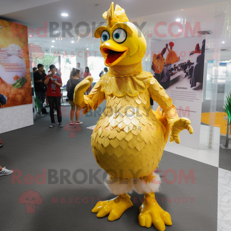 Gold Chicken mascot costume character dressed with a Dress and Anklets Gold Chicken mascot costume character dressed with a Dress and Anklets