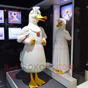 White Muscovy Duck mascot costume character dressed with a A-Line Dress and Watches