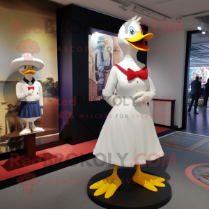 White Muscovy Duck mascot costume character dressed with a A-Line Dress and Watches