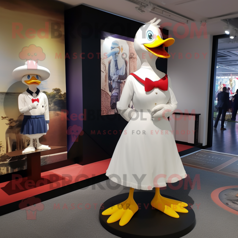 White Muscovy Duck mascot costume character dressed with a A-Line Dress and Watches White Muscovy Duck mascot costume character dressed with a A-Line Dress and Watches