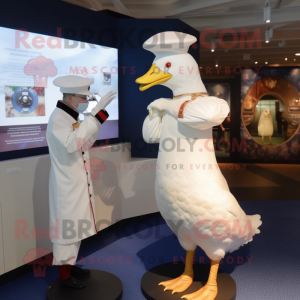 White Muscovy Duck mascot costume character dressed with a A-Line Dress and Watches