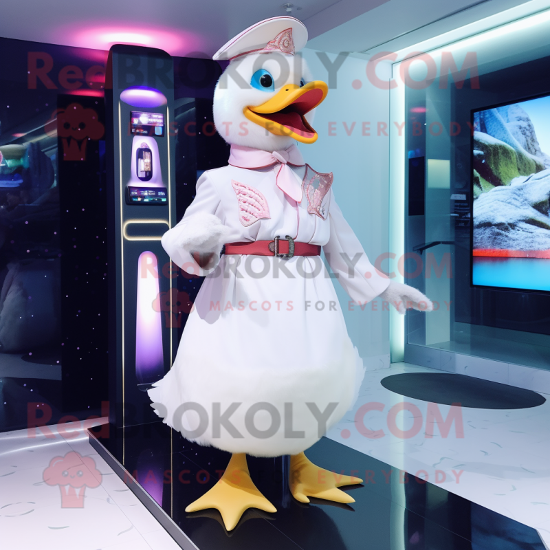 White Muscovy Duck mascot costume character dressed with a A-Line Dress and Watches