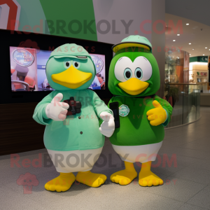 Green Penguin mascot costume character dressed with a T-Shirt and Smartwatches