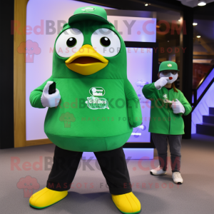 Green Penguin mascot costume character dressed with a T-Shirt and Smartwatches