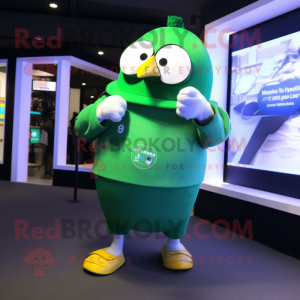 Green Penguin mascot costume character dressed with a T-Shirt and Smartwatches