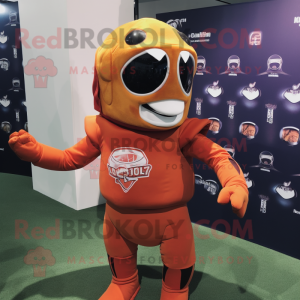 Rust American Football Helmet mascot costume character dressed with a Turtleneck and Lapel pins