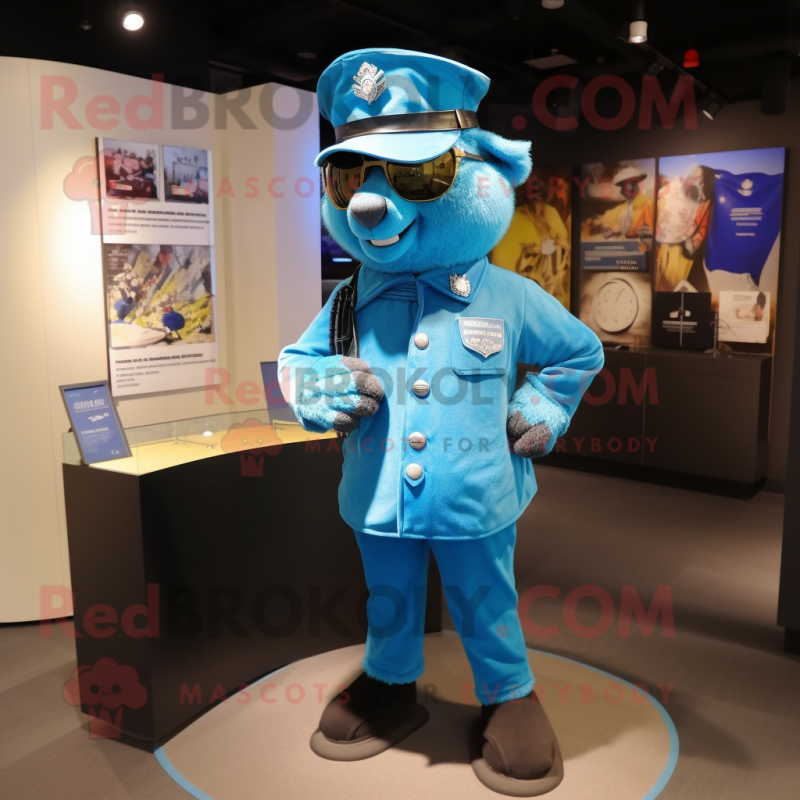 Cyan Police Officer mascot costume character dressed with a Parka and Tie pins