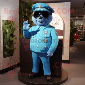 Cyan Police Officer mascot costume character dressed with a Parka and Tie pins