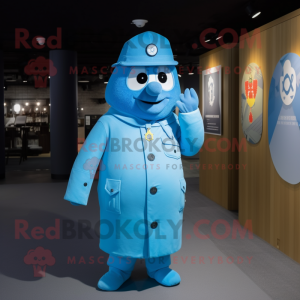 Cyan Police Officer mascot costume character dressed with a Parka and Tie pins