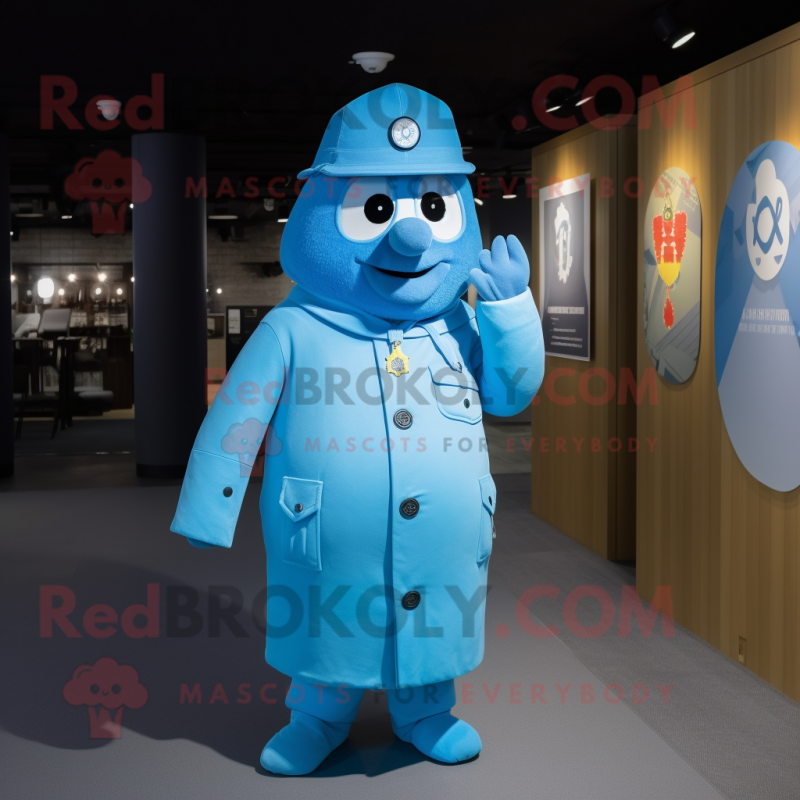 Cyan Police Officer mascot costume character dressed with a Parka and Tie pins Cyan Police Officer mascot costume character dressed with a Parka and Tie pins