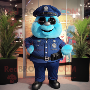 Cyan Police Officer mascot costume character dressed with a Parka and Tie pins