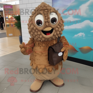 Brown Fried Calamari mascot costume character dressed with a Vest and Clutch bags