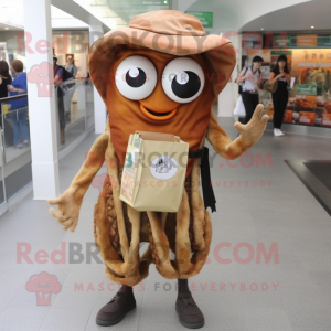 Brown Fried Calamari mascot costume character dressed with a Vest and Clutch bags