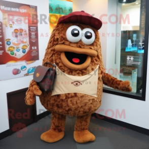 Brown Fried Calamari mascot costume character dressed with a Vest and Clutch bags