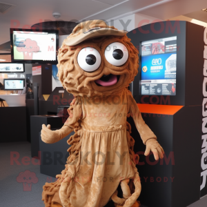 Brown Fried Calamari mascot costume character dressed with a Vest and Clutch bags