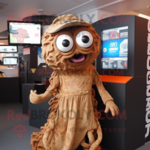 Brown Fried Calamari mascot costume character dressed with a Vest and Clutch bags