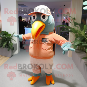 Peach Toucan mascot costume character dressed with a Overalls and Beanies