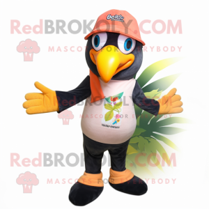 Peach Toucan mascot costume character dressed with a Overalls and Beanies