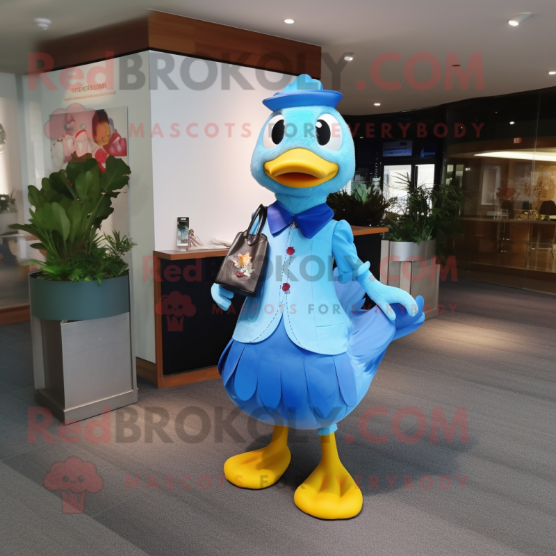 Blue Duck mascot costume character dressed with a Cocktail Dress and Messenger bags Blue Duck mascot costume character dressed with a Cocktail Dress and Messenger bags