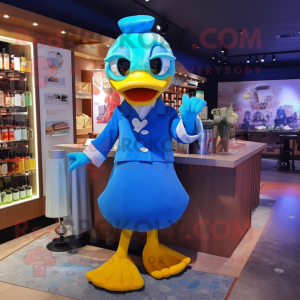 Blue Duck mascot costume character dressed with a Cocktail Dress and Messenger bags