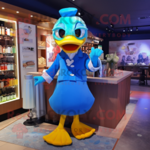 Blue Duck mascot costume character dressed with a Cocktail Dress and Messenger bags