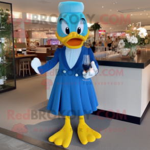 Blue Duck mascot costume character dressed with a Cocktail Dress and Messenger bags