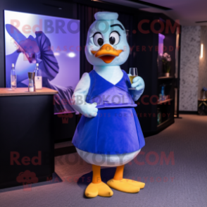 Blue Duck mascot costume character dressed with a Cocktail Dress and Messenger bags