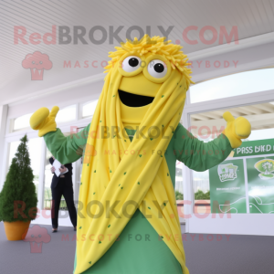 Lemon Yellow Pesto Pasta mascot costume character dressed with a Polo Shirt and Scarf clips