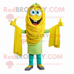 Lemon Yellow Pesto Pasta mascot costume character dressed with a Polo Shirt and Scarf clips