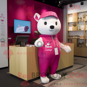 Maskotfigur av en magenta...