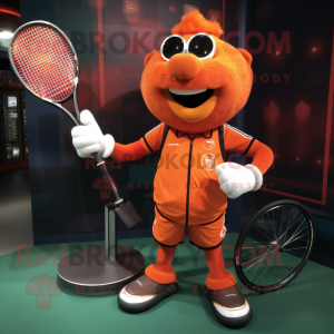 Orange Tennis Racket mascot costume character dressed with a Moto Jacket and Belts