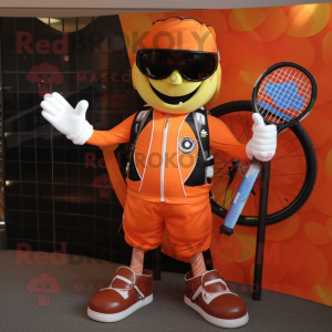Orange Tennis Racket mascot costume character dressed with a Moto Jacket and Belts