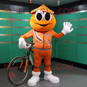 Orange Tennis Racket mascot costume character dressed with a Moto Jacket and Belts