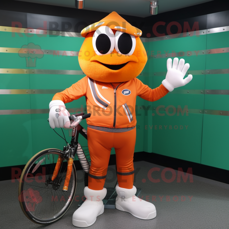 Orange Tennis Racket mascot costume character dressed with a Moto Jacket and Belts Orange Tennis Racket mascot costume character dressed with a Moto Jacket and Belts
