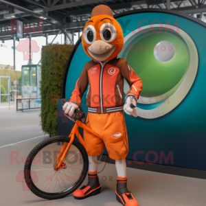 Orange Tennis Racket mascot costume character dressed with a Moto Jacket and Belts