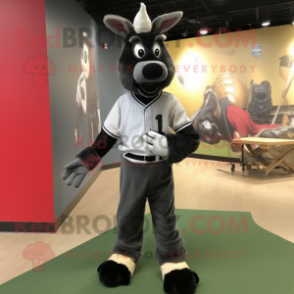 Black Donkey mascot costume character dressed with a Baseball Tee and Tie pins