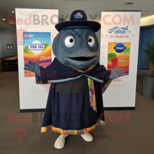 Navy Fish Tacos mascot costume character dressed with a Oxford Shirt and Shawl pins