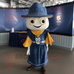 Navy Fish Tacos mascot costume character dressed with a Oxford Shirt and Shawl pins