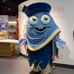 Navy Fish Tacos mascot costume character dressed with a Oxford Shirt and Shawl pins