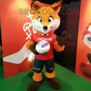 Red Fox mascot costume character dressed with a Rugby Shirt and Digital watches