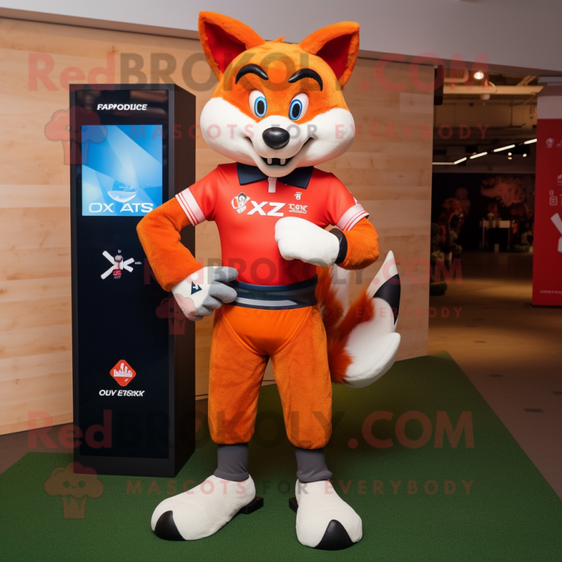 Red Fox mascot costume character dressed with a Rugby Shirt and Digital watches