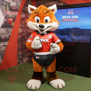 Red Fox mascot costume character dressed with a Rugby Shirt and Digital watches